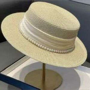 New - Elegant Beige Pearl-Embellished Women's Hat